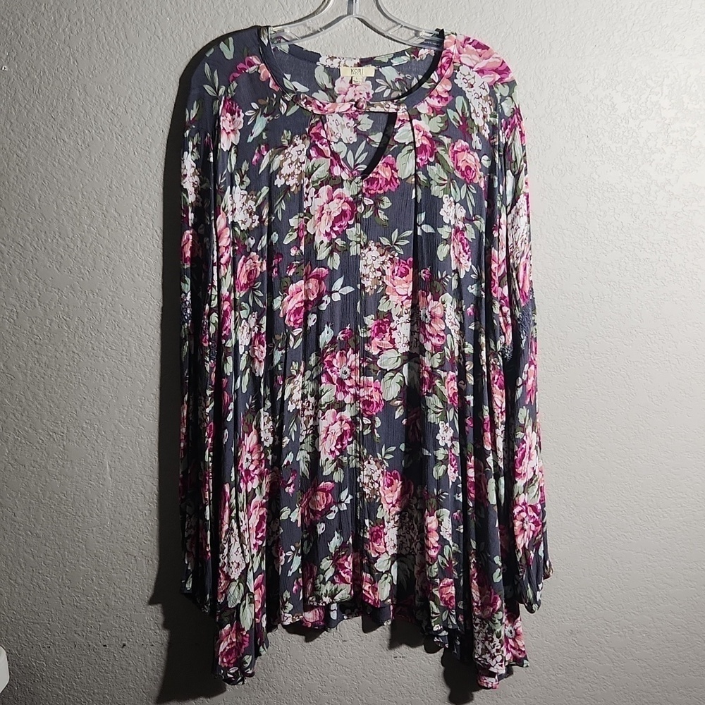 Korina America Top Size L womens dress floral boho shark bite longsleeve